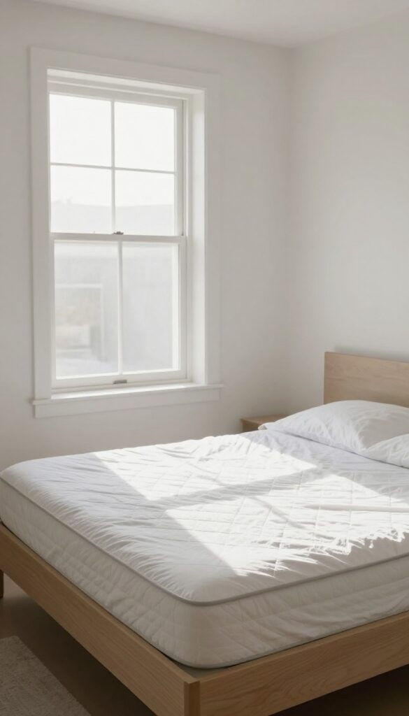 Person rotating a mattress in a bright, clean bedroom
