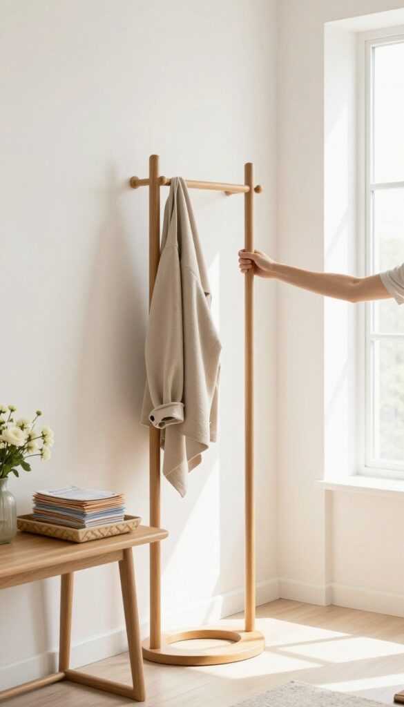 Person hanging a jacket on a coat rack in a tidy, sunlit living room with organized mail on a console table.