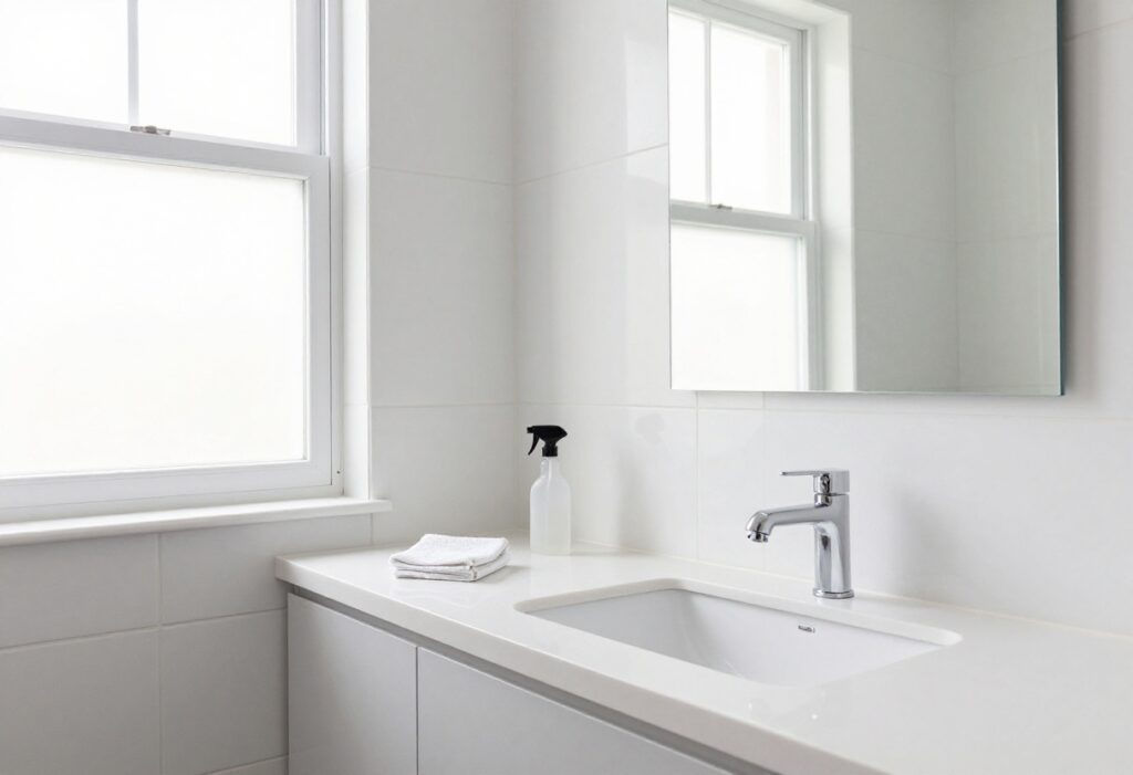 Bright modern bathroom with clean tiles, mirror, and organized countertop with cleaning supplies