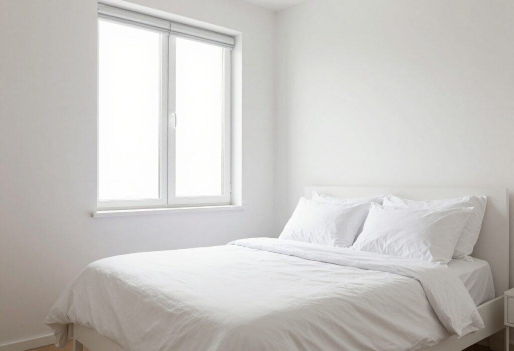 A clean and peaceful bedroom with a made bed and organized surfaces, bathed in natural light.