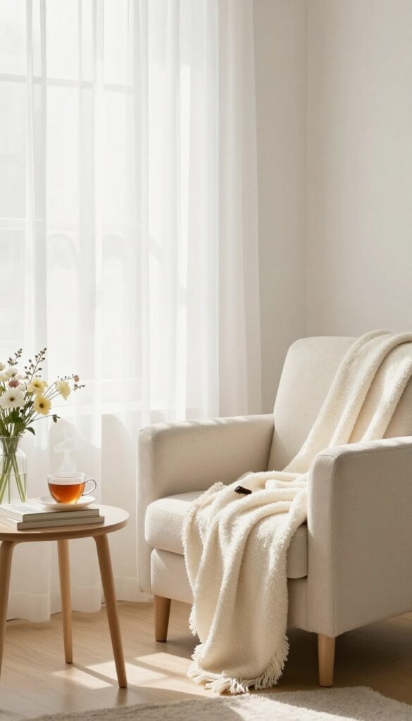 Cozy living room with tea and chocolate reward after cleaning