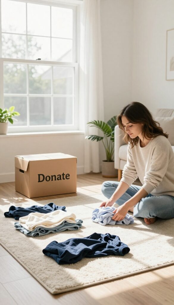 Woman sorting clothes into keep, donate, and toss piles in a sunlit living room for seasonal decluttering.