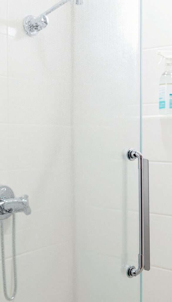 Sparkling clean shower glass door with squeegee and vinegar spray in bright bathroom