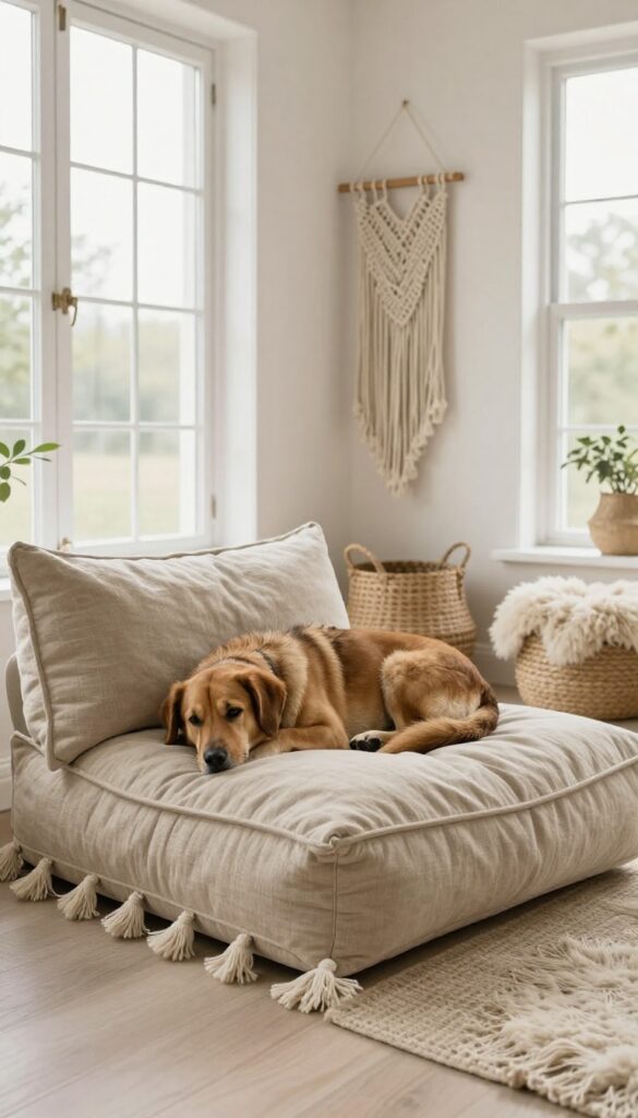 Boho floor cushion dog bed with tassels in a bright living room