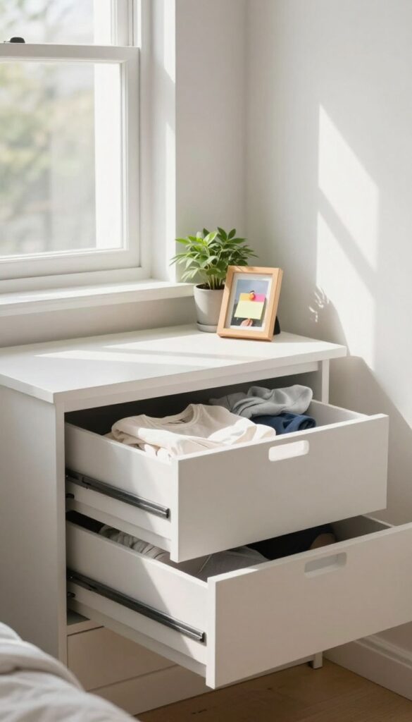 A clean, organized bedroom corner with a dresser and a hand placing a sticky note, celebrating a small cleaning win.