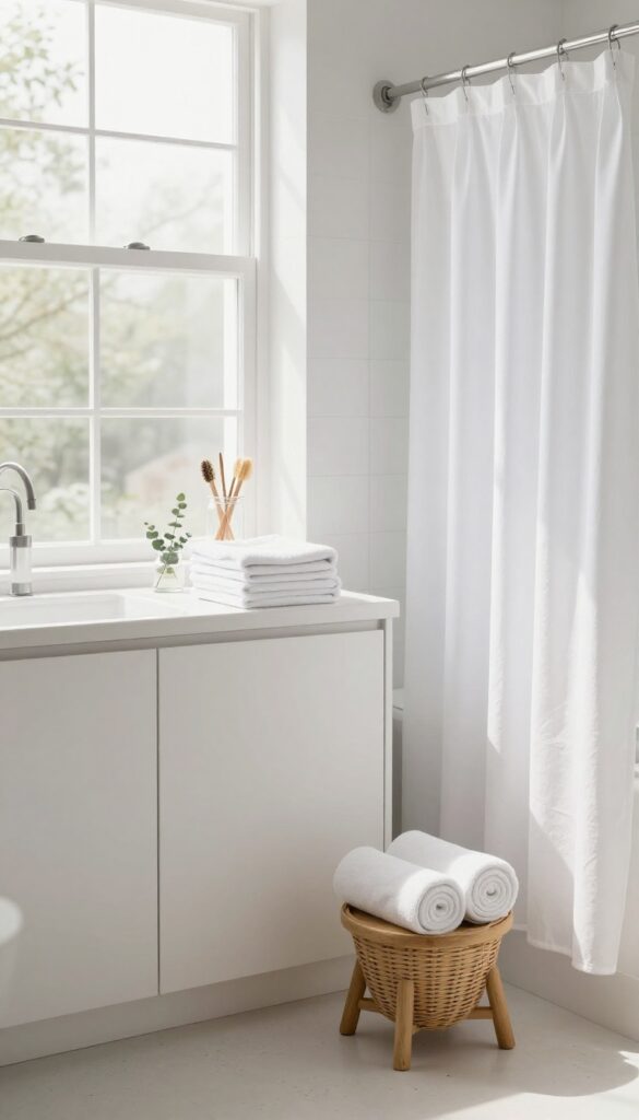 A bright bathroom with fresh towels, organized counter, and natural light, ready for a seasonal deep clean.