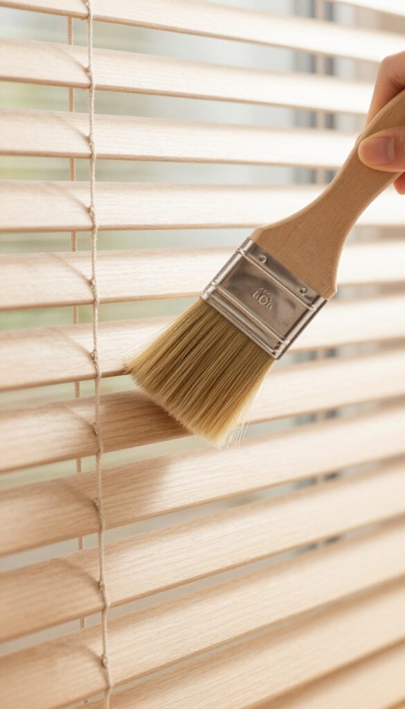 Person using a soft paintbrush to dust faux wood blinds in bright natural light