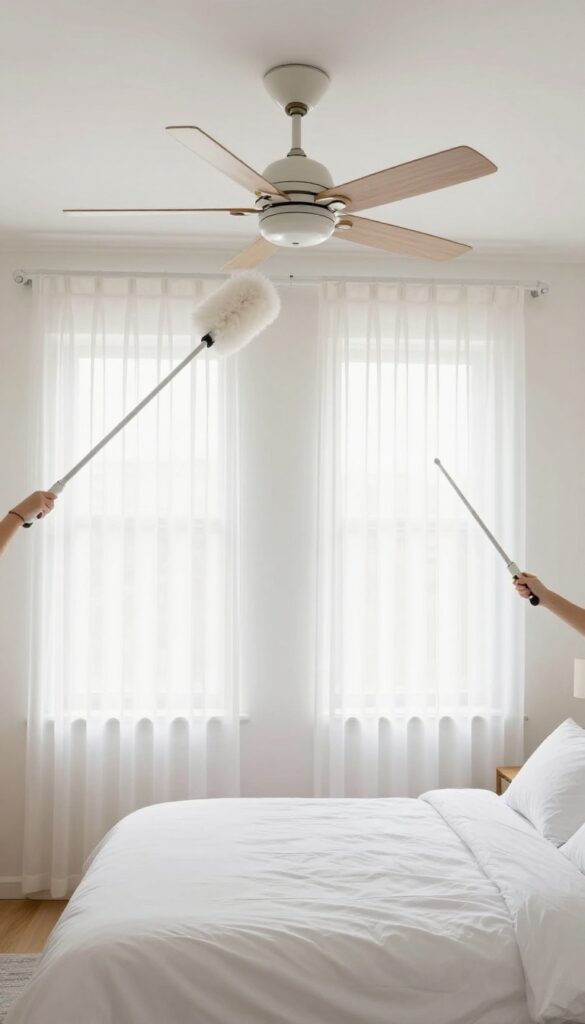 Person dusting ceiling fan blades with an extendable duster in a bright bedroom