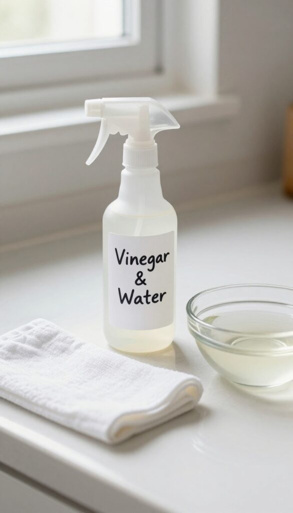DIY carpet cleaning solution with vinegar and water in a spray bottle, fresh and clean home decor.
