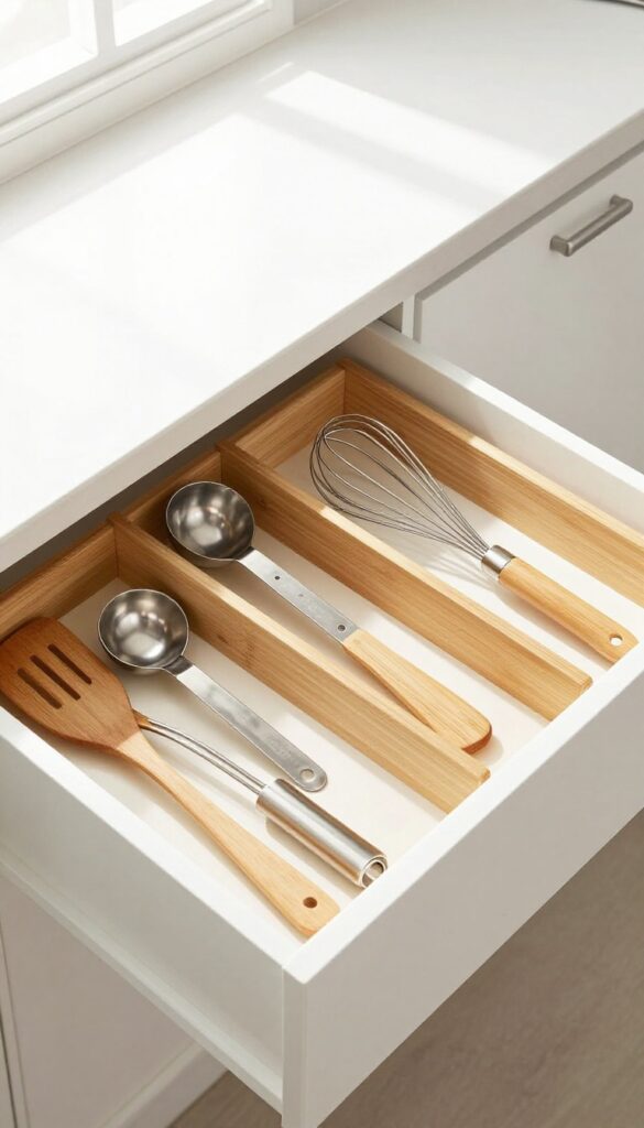 Kitchen drawer with bamboo dividers organizing utensils neatly