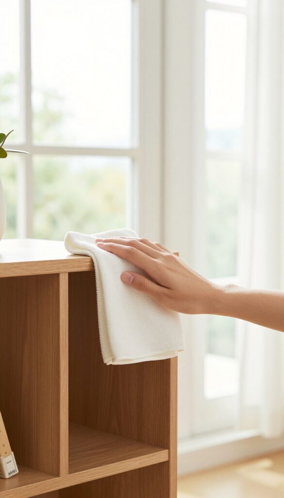 Hand dusting a wooden bookshelf with a microfiber cloth in a bright living room