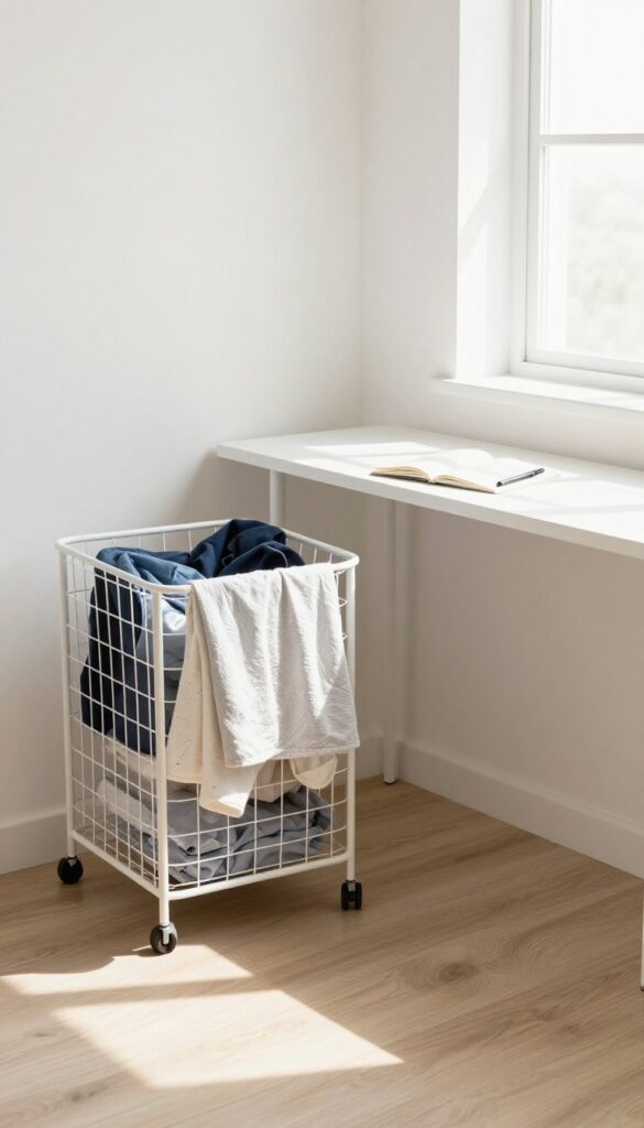 A clean bedroom corner with a laundry hamper full of clothes and a tidy desk, representing a specific cleaning goal.