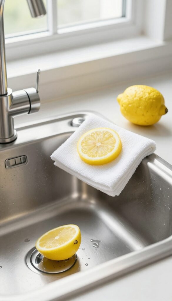 Stainless steel sink with lemon and cloth, bright natural light