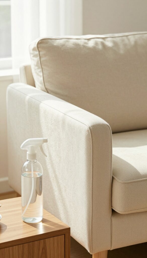 Upholstered armchair with a spray bottle of vinegar solution on a side table, bright natural light, clean composition.