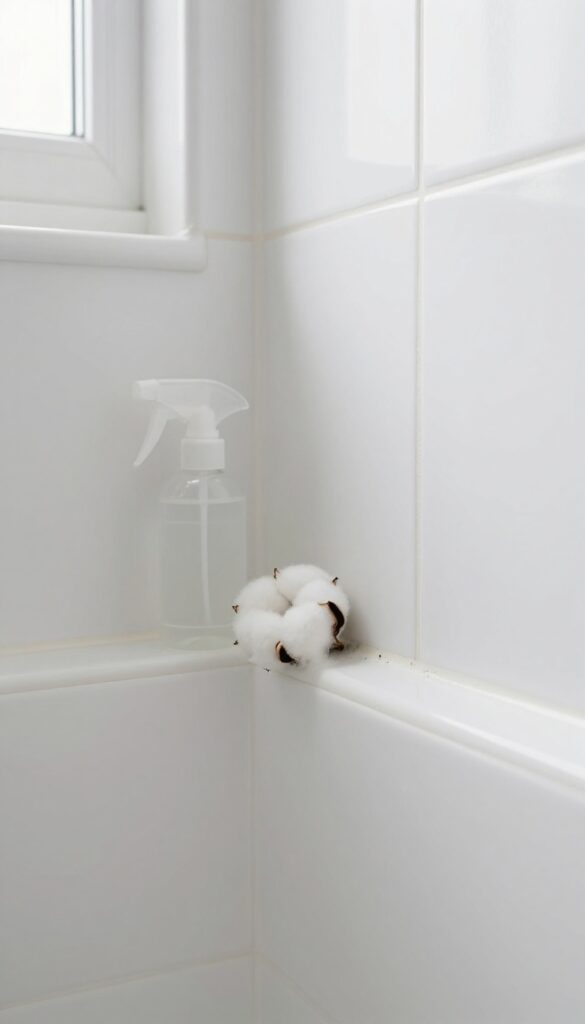 Close-up of moldy grout in a shower with a hydrogen peroxide spray bottle and cotton ball, bright natural light, clean composition