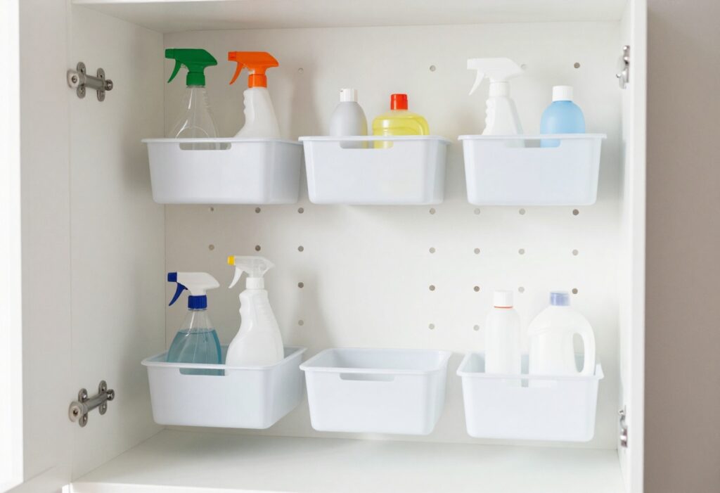 Small organized cleaning supply storage with pegboard, bins, and over-the-door organizer