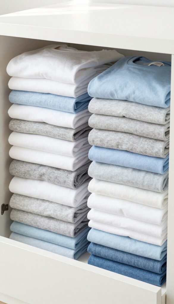 Vertically folded t-shirts in a drawer using KonMari method