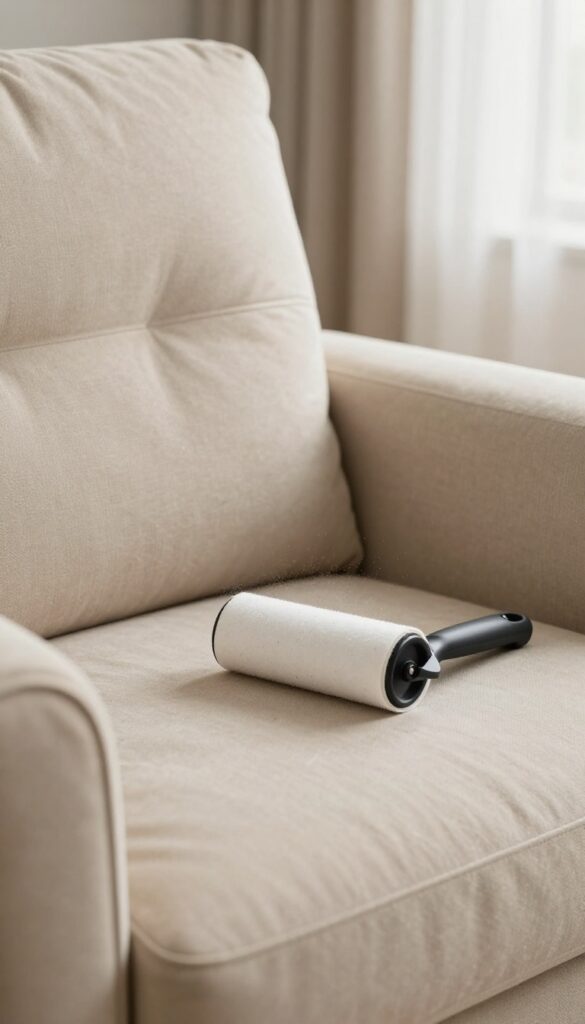 Lint roller being used on a fabric armchair to remove dust and pet hair