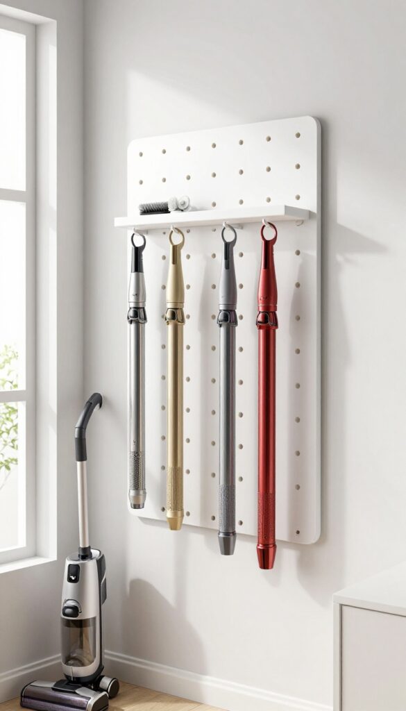 A pegboard organizer holding vacuum attachments in a bright laundry room