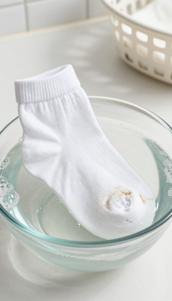 White socks soaking in warm water with enzyme laundry booster to remove stains