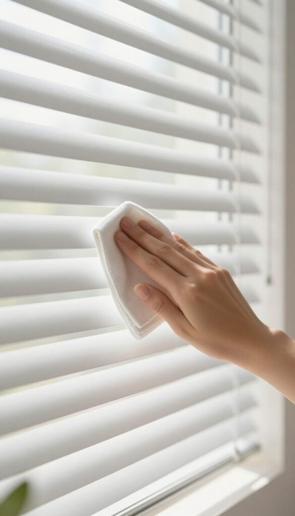 Hand wiping a clean vertical vinyl blind with a microfiber cloth in a sunlit room
