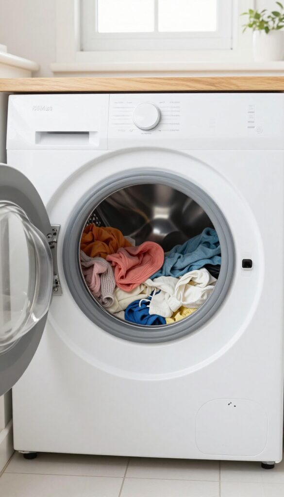 Washing machine drum half-filled with clothes, showing space for proper cleaning