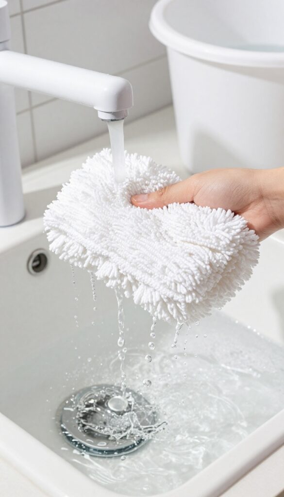 Person rinsing a microfiber mop head under running water in a utility sink, with two buckets in the background.
