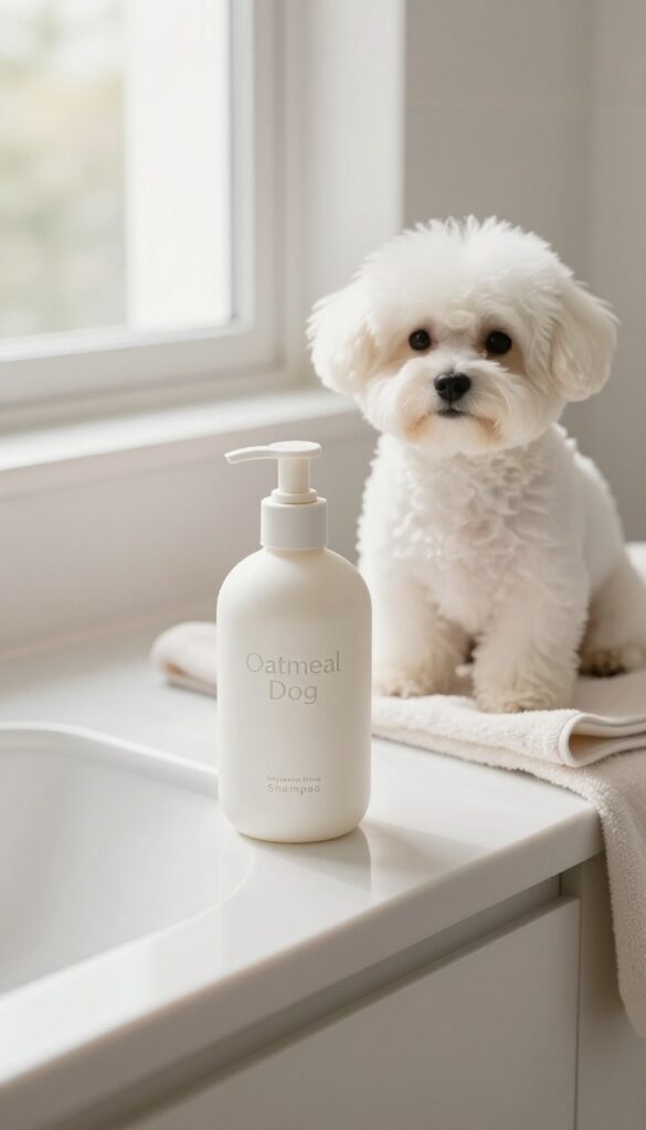 Dog-safe shampoo and conditioner on a bathroom counter with a clean fluffy dog in the background