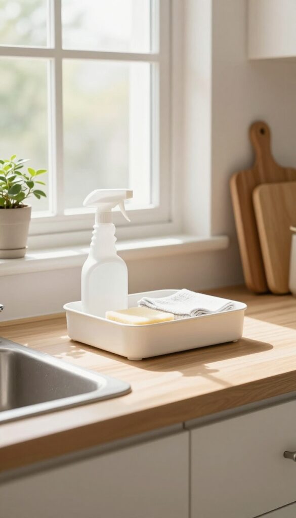 A kitchen counter with a cleaning caddy holding a spray bottle, microfiber cloth, and sponge, bathed in natural light.