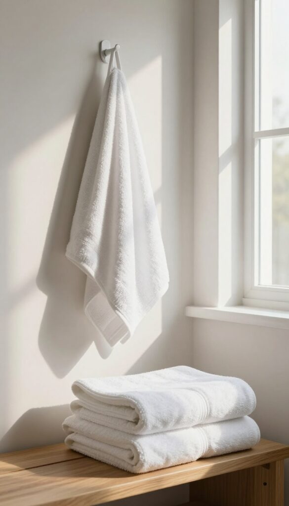 Stack of fresh white towels in a sunlit bathroom