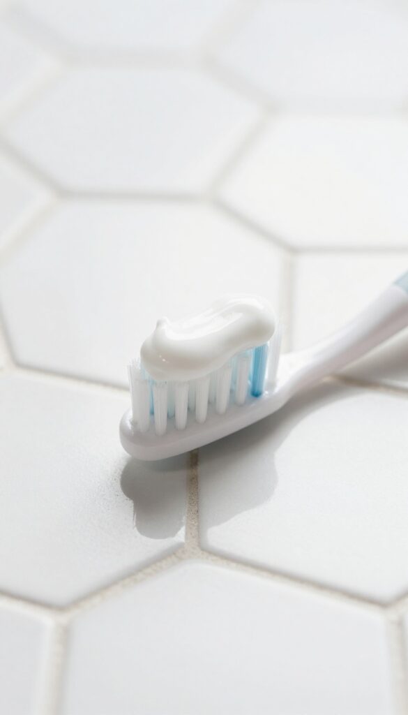 A toothbrush with toothpaste scrubbing grout lines on a bathroom floor