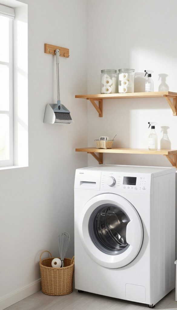 Laundry room cleaning station with shelf, caddy, and hook strip for organizing supplies.