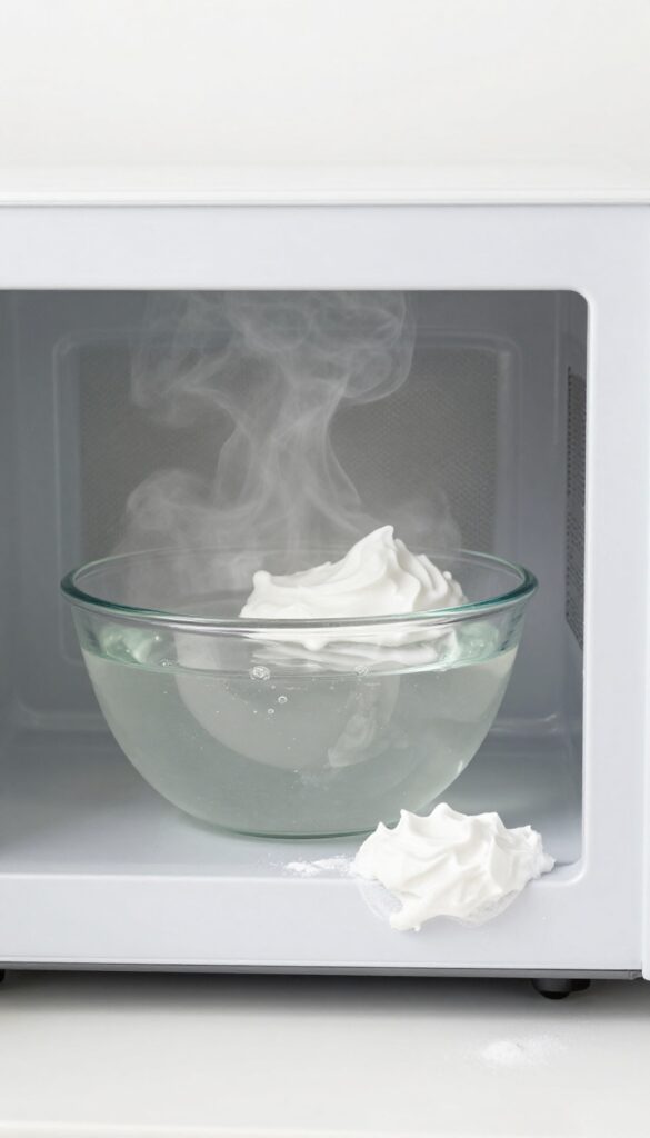 Microwave interior with steaming bowl of water and vinegar, baking soda paste and sponge on counter