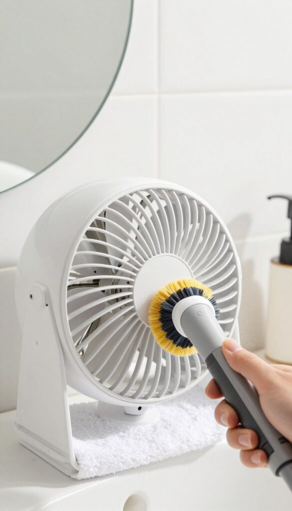 Cleaning the bathroom exhaust fan with a vacuum brush attachment