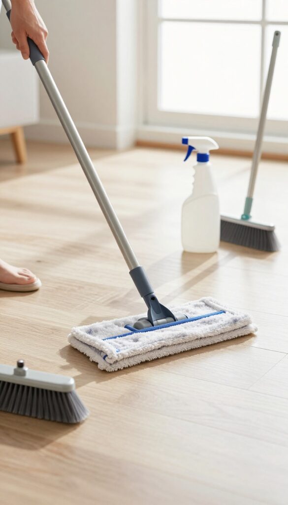 Person mopping a shiny laminate floor with a microfiber mop, cleaning supplies nearby, bright natural light.