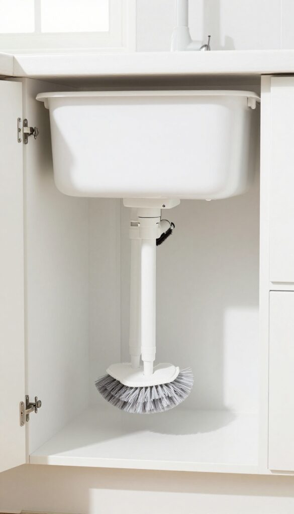 DIY PVC pipe scrubber holder mounted inside a cabinet, holding long-handled brushes upright