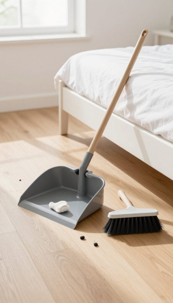 Under-bed cleaning with dustpan and brush, dust bunny and sock visible, natural light, clean floor