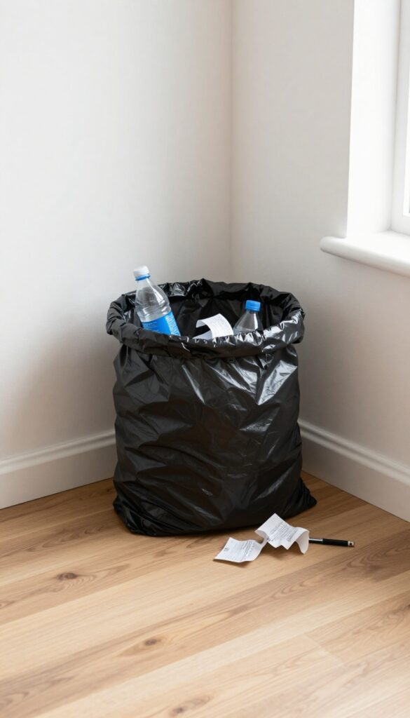 Trash bag method for quick room cleaning, tossing obvious garbage like empty bottles and receipts