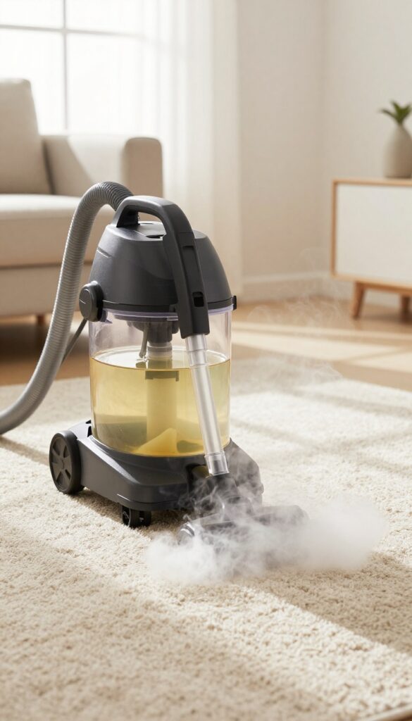 Steam cleaner with vinegar solution cleaning a fresh, soft carpet in a bright living room