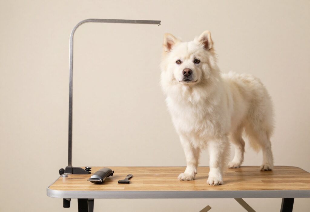 Professional dog grooming clippers on a grooming table with a dog in the background