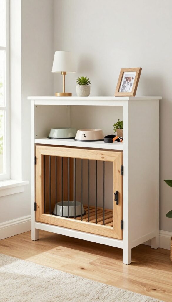 Built-in crate furniture in a bright living room with storage shelves and decor