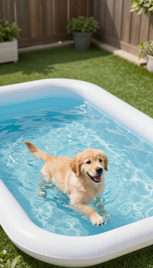 Dog splashing in a small pool on artificial turf in a sunny backyard.