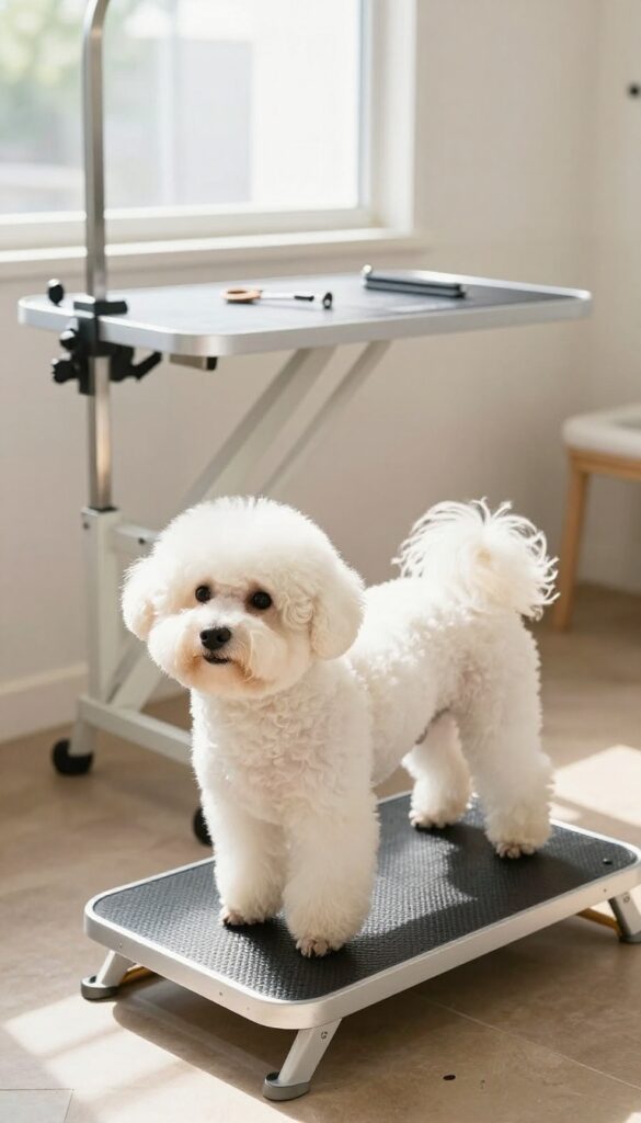 Small white dog standing on a fold-down step inside a dog grooming trailer