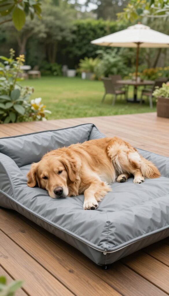 A waterproof outdoor dog bed on a deck with a golden retriever resting on it, surrounded by greenery and sunlight.
