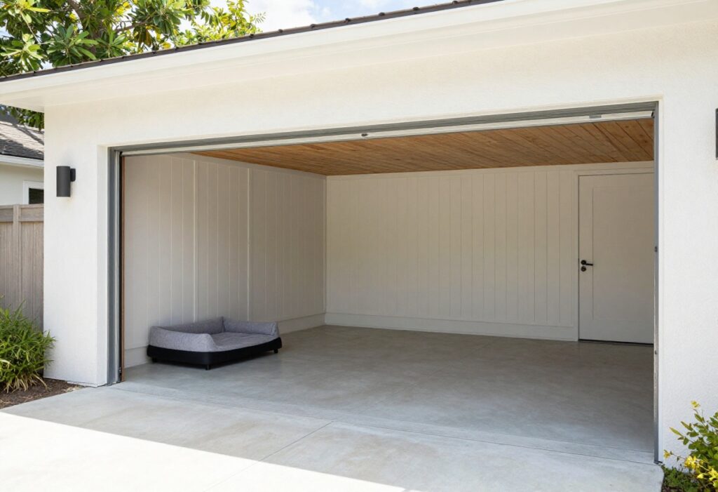 Clean garage dog kennel with epoxy floor, raised bed, and dog door to yard