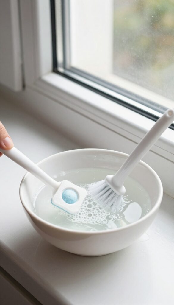 Dishwasher tablet dissolving in hot water next to a brush and dirty window track