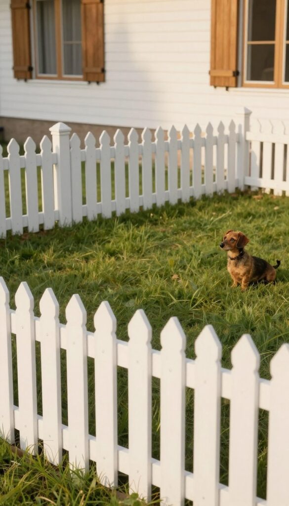 White picket fence with narrow spacing in a sunny backyard, small dog sitting on grass