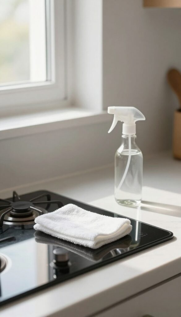 Clean glass stovetop with cleaning supplies in bright natural light