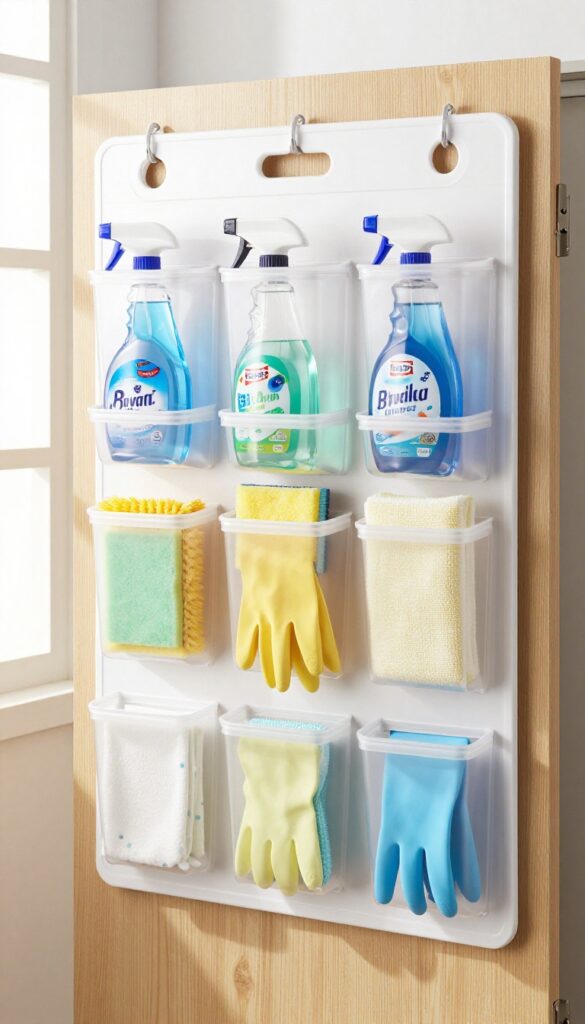 Over-the-door shoe organizer used to store cleaning supplies, with clear pockets holding spray bottles, brushes, cloths, and sponges, hanging on a pantry door.