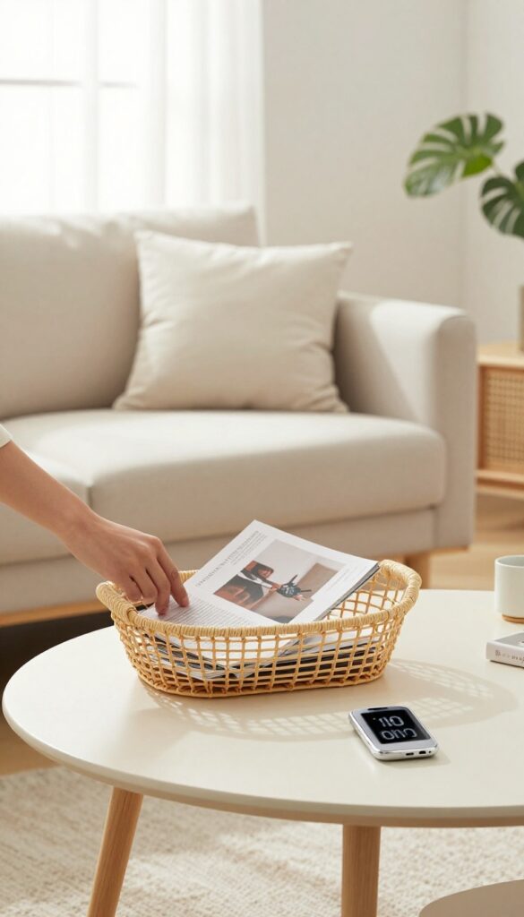 Person tidying living room with a 10-minute timer on phone, clean surfaces and organized decor.